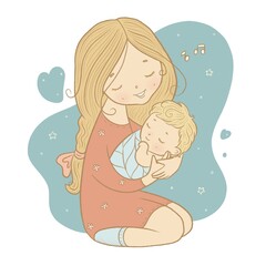 mother's day, mother holding baby in her arms and singing a lullaby, isolated illustration on print