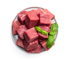 Fresh raw beef in ceramic plate isolated on white