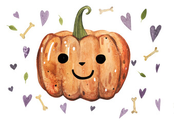 Cute hand drawn watercolor art of Halloween pumpkin. Illustration elements for postcard, poster, textile, party invitation with smiles, hearts and bones.