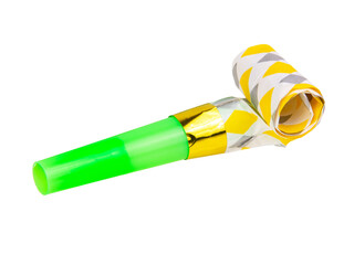 Rolled bright festive noisemaker or party whistle horn isolated on the white background