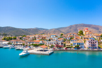 Scenic aerial view of Galaxidi village with colorful buildings, Greece