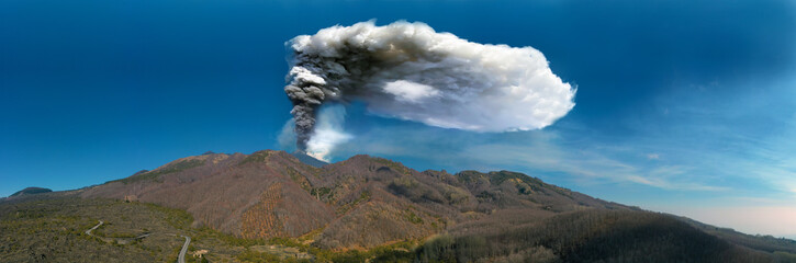 Virtual reality panorama at 180 degrees of the eruption of the Etna volcano on 4 March 2021....