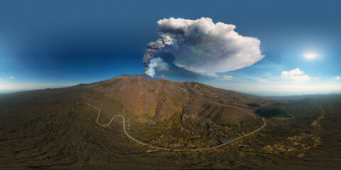 360 degree virtual reality panorama of the eruption of the Etna volcano by day 4 March 2021. Paroxysm on Etna in Sicily. Lava flow inside the Valle del Bove.
