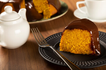 Carrot cake with chocolate icing. Brazilian cake.