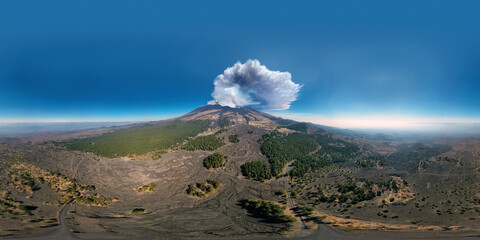 360 degree virtual reality panorama of the eruption of the Etna volcano by day 4 March 2021....