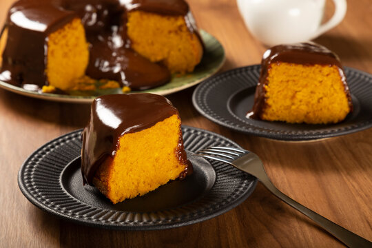 Carrot cake with chocolate icing. Brazilian cake.