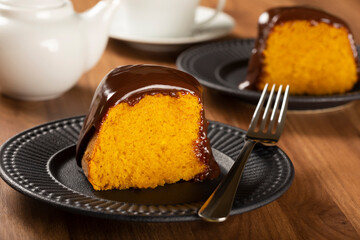 Carrot cake with chocolate icing. Brazilian cake.