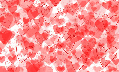 Red hearts on light background. Abstract holiday background.