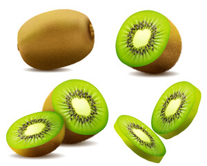 Fototapeta premium Realistic kiwi. Juicy exotic whole fruit, half and slice . Fresh organic food for healthy eating. Ripe tropical berry for sweet dessert. vector design.