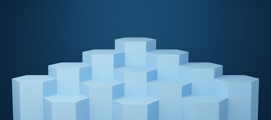 13 Empty blue hexagon podium floating on dark blue copy space background. Abstract minimal studio 3d geometric shape object. Monotone pedestal mockup space for display of product design. 3d rendering.