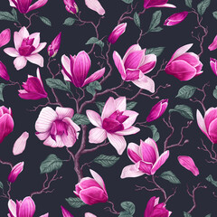 Seamless pattern with pink magnolia flowers, leaves, petals on dark background. Branches of realistic, vector flowers for fabric, banners, posters in social networks, outdoor advertising, cards. © MPetrovska