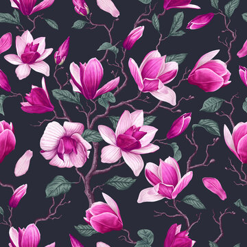 Seamless pattern with pink magnolia flowers, leaves, petals on dark background. Branches of realistic, vector flowers for fabric, banners, posters in social networks, outdoor advertising, cards.