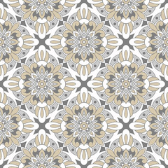Vintage line art pattern with white seamless monochrome pattern on gray background for fabric design.
