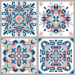 Collection traditional ornate Portuguese tiles azulejos. Ethnic folk ornament. The vintage pattern. Majolica.