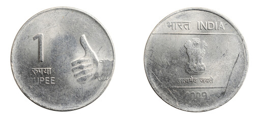 India one rupee coin on a white isolated background