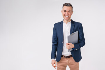 Confident mature caucasian businessman holding clipboard isolated over white background - Powered by Adobe