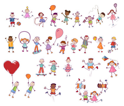 Cartoon set or collection of many multiethnic cute smiling children playing and jumping. Funny active and joyful kids. Diversity children. Kindergarten. Preschool. Stylized drawing. Comic