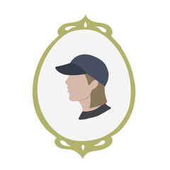 Vector flat illustration of a portrait of a woman in a cap in the style of the 1990s. Vector illustration of a female profile in a baseball cap