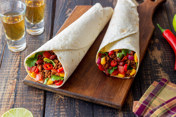 Burritos with meat, beans, corn, tomatoes, onions and chilli. Mexican food. Recipe.