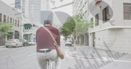 Statistical data processing against rear view of african american senior man riding bicycle - Powered by Adobe