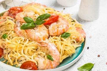 Pasta seafood. Spaghetti with shrimp and cream sauce. Traditional italian food.