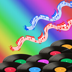 Black vinyl discs and flying notes on a colored background. Music symbol.