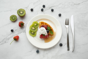 American and Thai breakfast set on the marble background