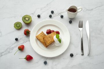 American and Thai breakfast set on the marble background