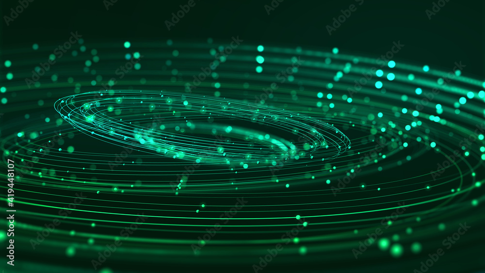 Poster Data stream. Digital mind. Creation of artificial intelligence. Massive data, digital funnel, information whirlpool. Orbit, trajectory, flow, information 3D illustration
