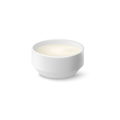 Sour cream white creamy sauce in saucer, realistic vector illustration isolated.