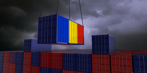 A freight container with the romanian flag hangs in front of many blue and red stacked freight containers - concept trade - import and export - 3d illustration