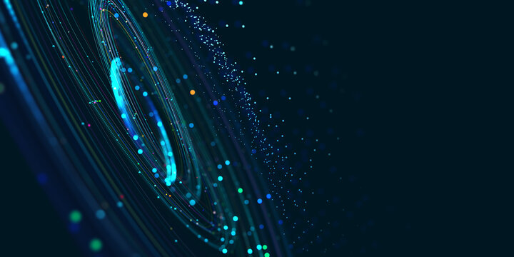 Big Data concept. Digital neural network. Introduction of artificial intelligence. Cyberspace of future. Abstract business 3D illustration, shallow depth of field