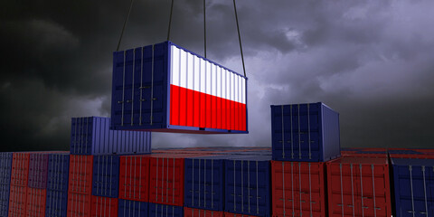 A freight container with the polish flag hangs in front of many blue and red stacked freight containers - concept trade - import and export - 3d illustration