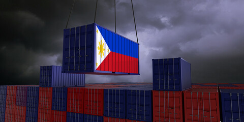 A freight container with the filipino flag hangs in front of many blue and red stacked freight containers - concept trade - import and export - 3d illustration
