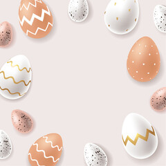Realistic Easter eggs background with space for text. White, brown chicken and quail spotted eggs with modern minimalistic ornament. - Vector illustration