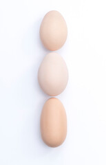Three beige eggs in vertical position on white background, indian file