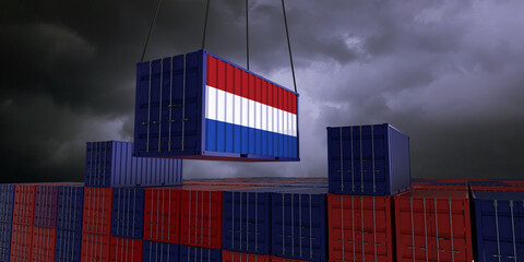 A freight container with the dutch flag hangs in front of many blue and red stacked freight containers - concept trade - import and export - 3d illustration