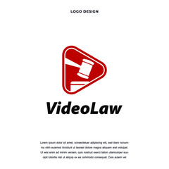 Creative play media law firm icon logo design vector illustration. play media with judge gavel symbol logo design color editable