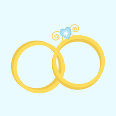 Two wedding gold rings in a simple style on a blue background