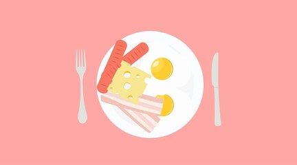 Breakfast illustration, with fried eggs, bacon, sausages, cheese, plate and cutlery
