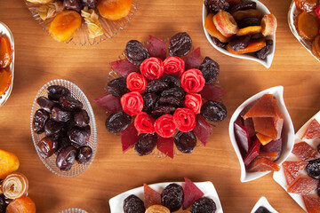Beautiful and delicious dried fruits on the table.