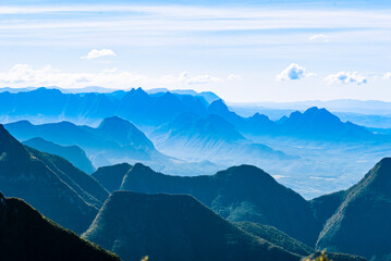 Silhouettes of Santa Catarina mountains at sunrise, seen from the funnel´s canyon
