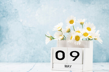 White cube calendar for may decorated with daisy flowers over blue with copy space