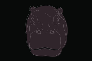 Drawing of a hippopotamus. Hippopotamus head full face. Simple linear drawing of a hippopotamus. Wild animal