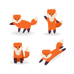 set of cute cartoon foxes in different posture.