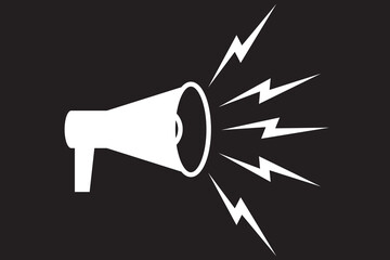 Symbol of megaphone. Black icon of loudspeaker. Concept of news, announce, propaganda, promotion, broadcast, media, message. Vector illustration isolated on black background.