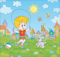 Obraz na płótnie Canvas Happy little boy jumping rope with his cute and merry pup in a green summer park of a small town, vector cartoon illustration