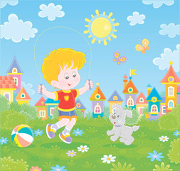Fototapeta na wymiar Happy little boy jumping rope with his cute and merry pup in a green summer park of a small town, vector cartoon illustration