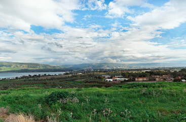 Panorama of the Kinneret lake on the background of beautiful clouds