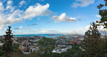 panorama of the port in Haifa against the background of clouds